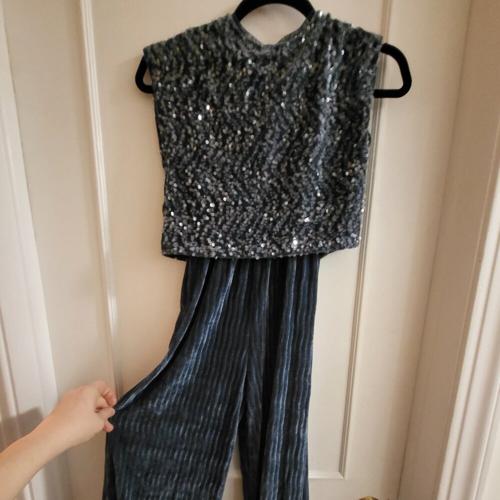 Zara Girls Sequinned Velour Jumpsuit Size 10 Navy Blue Party Holiday